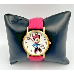 Disney Minnie Mouse Watch Women's Gold Tone Pink Leather Band Quartz New Battery